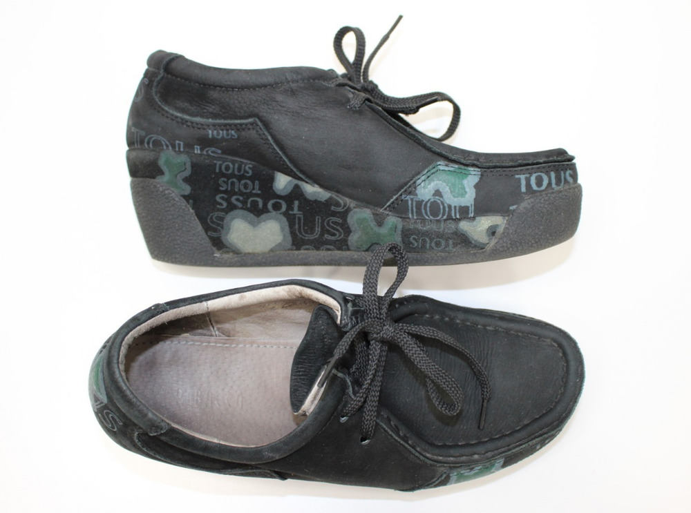 TOUS Black Leather Lace Up Shoes EU 37 US 6.5 Bounce Moccasin Wedge Rare